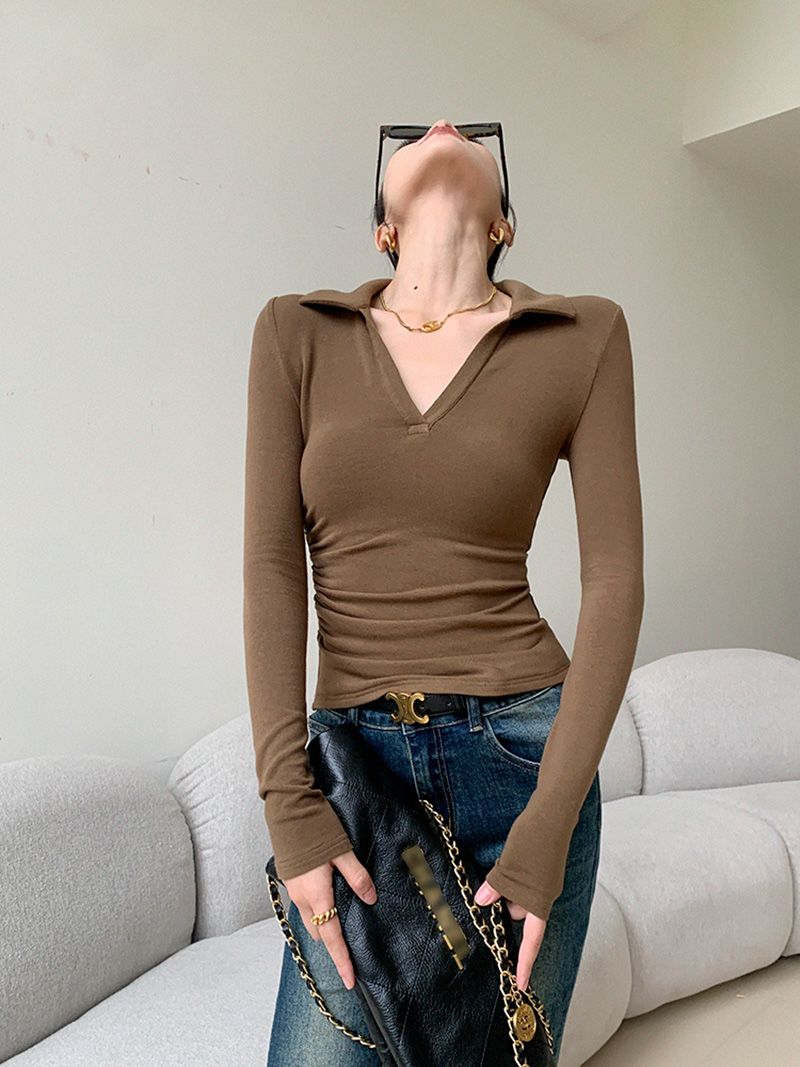 欧美女装t恤女紧身设计感小众POLO领长袖连体上衣秋冬内搭打底衫