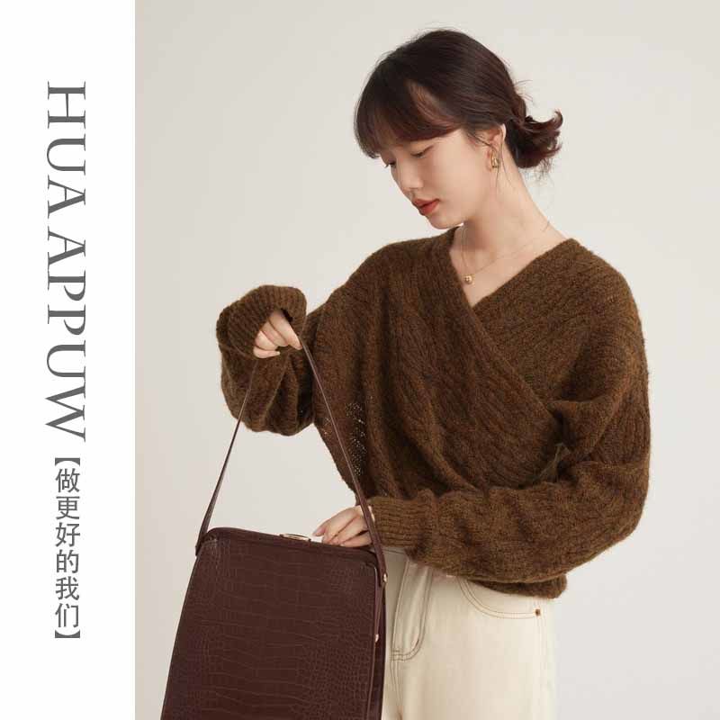 复古时尚设计感交叉v领毛衣冬季纯色休闲简约显瘦套头针织衫上衣