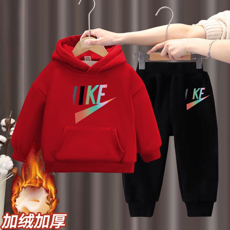 儿童套装2022秋冬新款男女童加绒连帽卫衣一体绒中小童喜庆两件套