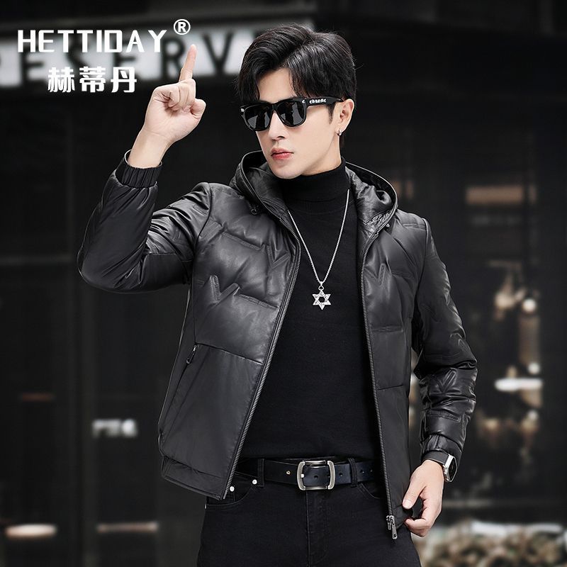 海宁新款真皮鹅绒羽绒服男装冬季绵羊皮衣连帽皮夹克加厚保暖外套
