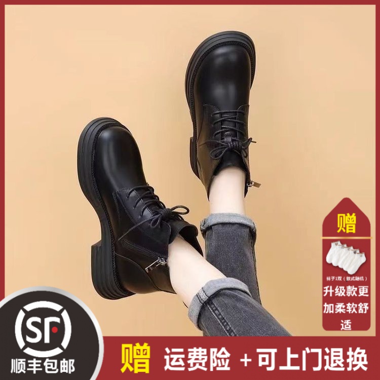 大东姚小个子棕色马丁靴女鞋秋冬加绒短靴中跟厚底粗跟百搭棉鞋