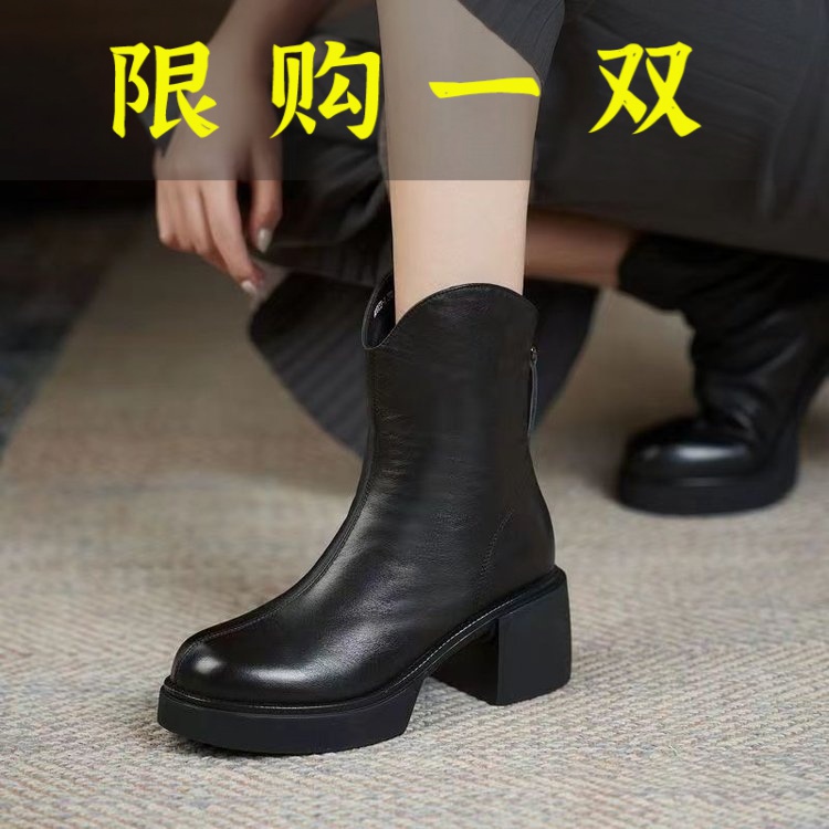 红蜻蜓牌马丁靴女2023秋冬新款高跟厚底短靴女加绒舒适保暖皮靴