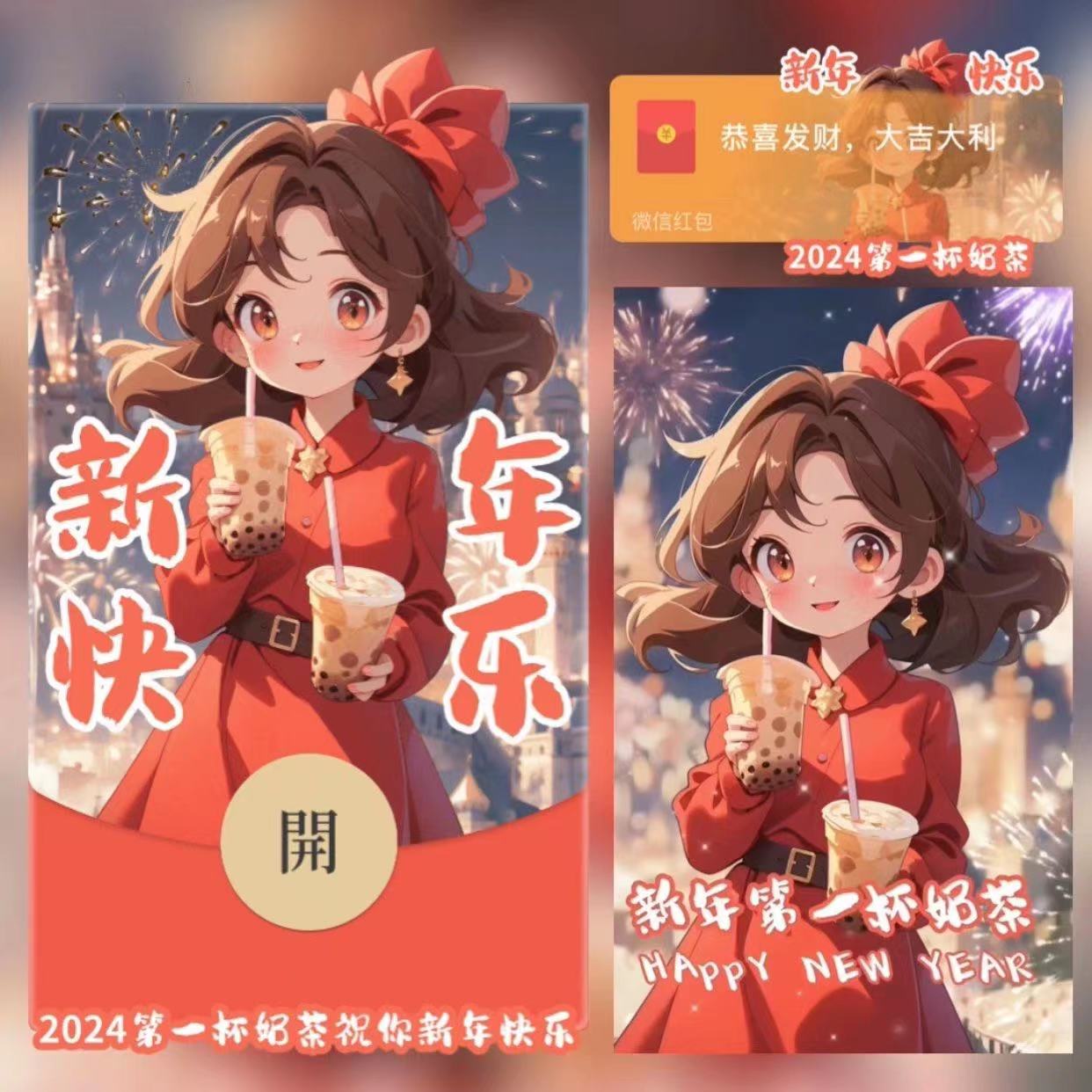 情侣2024新年第一杯奶茶红包封面冬天动漫可爱跨年爆款动态音乐