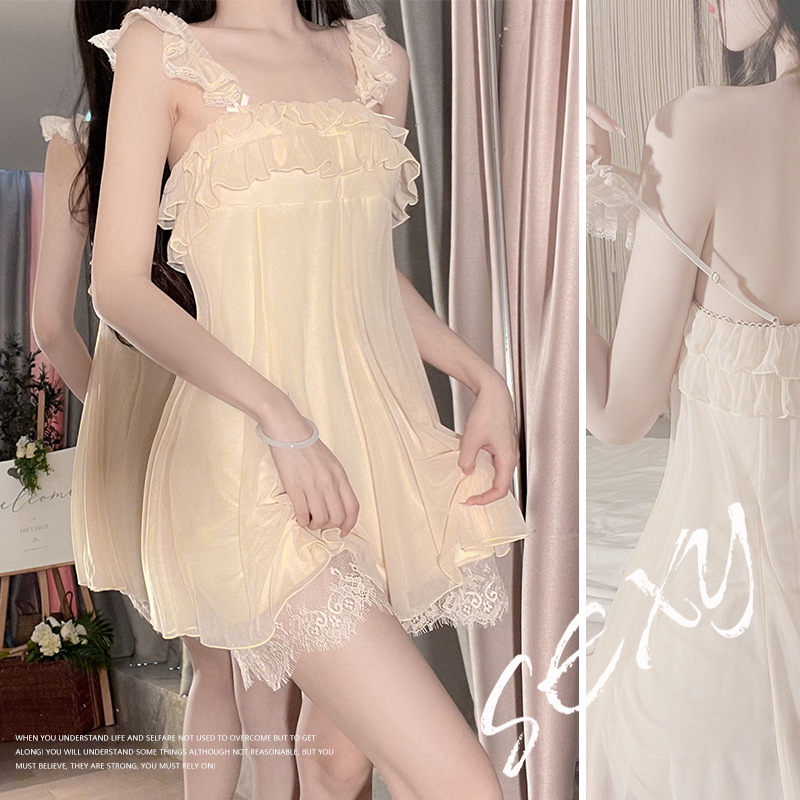 性感轻薄透气睡衣休闲舒适网纱吊带睡裙家居服套装【温柔可人】