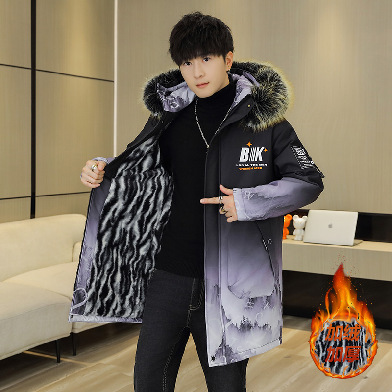 秋冬新款连帽毛领大衣风衣男青少年中长款加绒加厚保暖休闲外套男