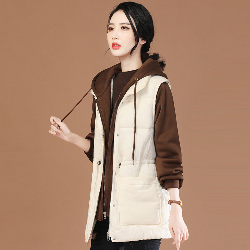 韩潮袭人连帽中长款假两件棉衣棉服女冬季外套工装棉袄加厚D0741