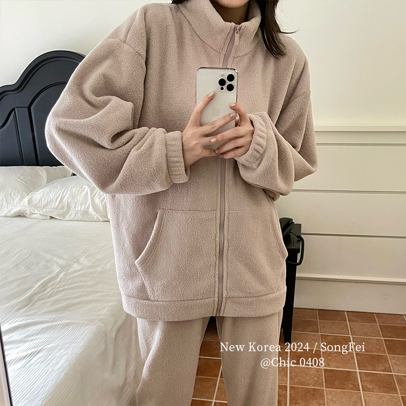 新款睡衣女冬长袖长裤套装雪粒绒加厚加绒家居服拉链开衫外穿套装