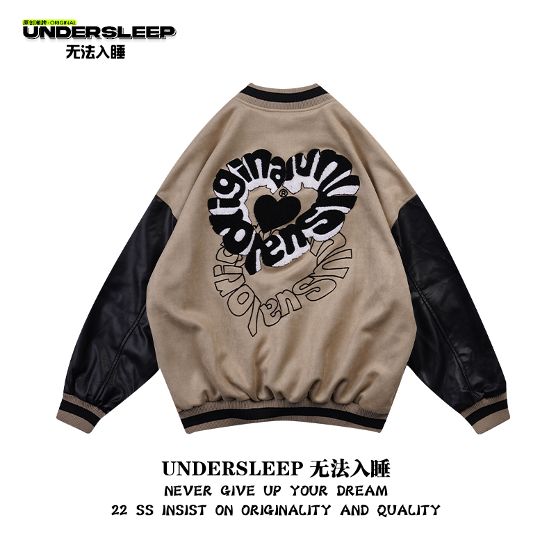 UNDERSLEEP 无法入睡 拼接皮夹克外套爱心情侣男女棒球服潮 D052