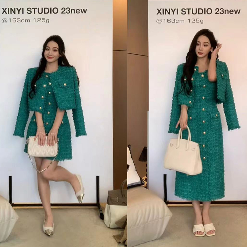 XINYI【帝王绿】秋季小香风套装女外套+连衣裙气质显瘦X623A02337