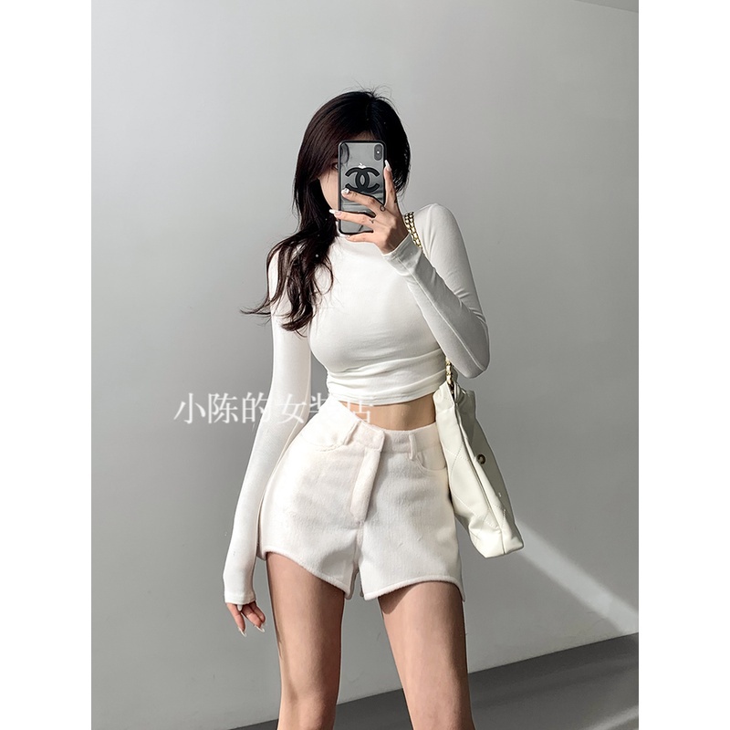 女团腿性感高腰毛呢短裤2023百搭短裤包臀弹力显瘦紧身热裤超短裤