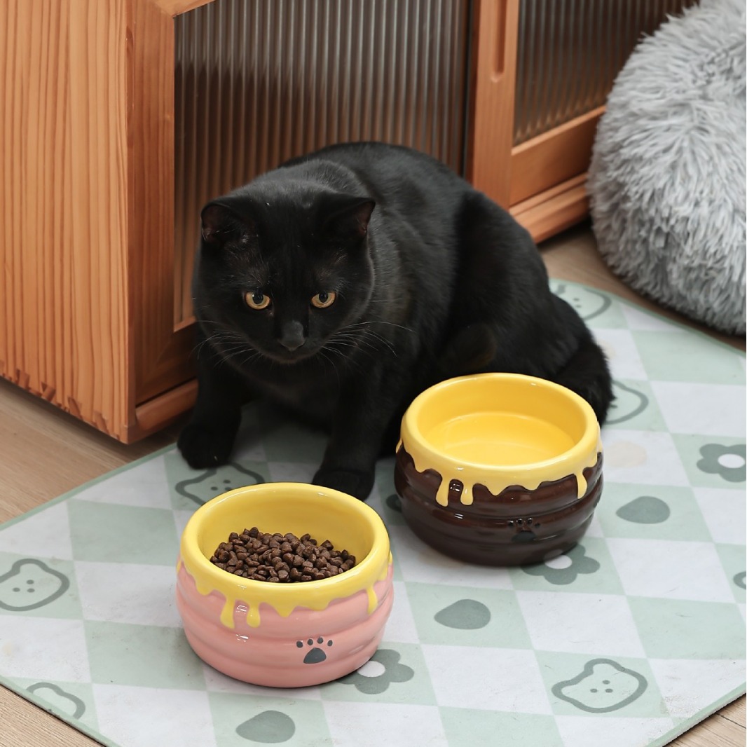 陶瓷猫碗猫碗高脚陶瓷猫碗宠物碗斜口护颈蜜罐碗防打翻黑下巴可爱