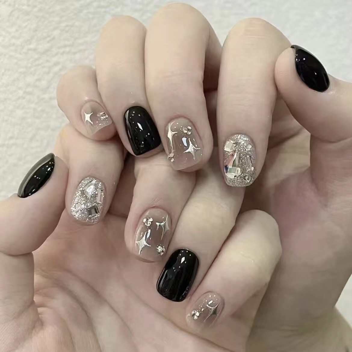 纯手工光疗美甲贴  黑色银星果冻贴片   假指甲成品穿戴甲气质
