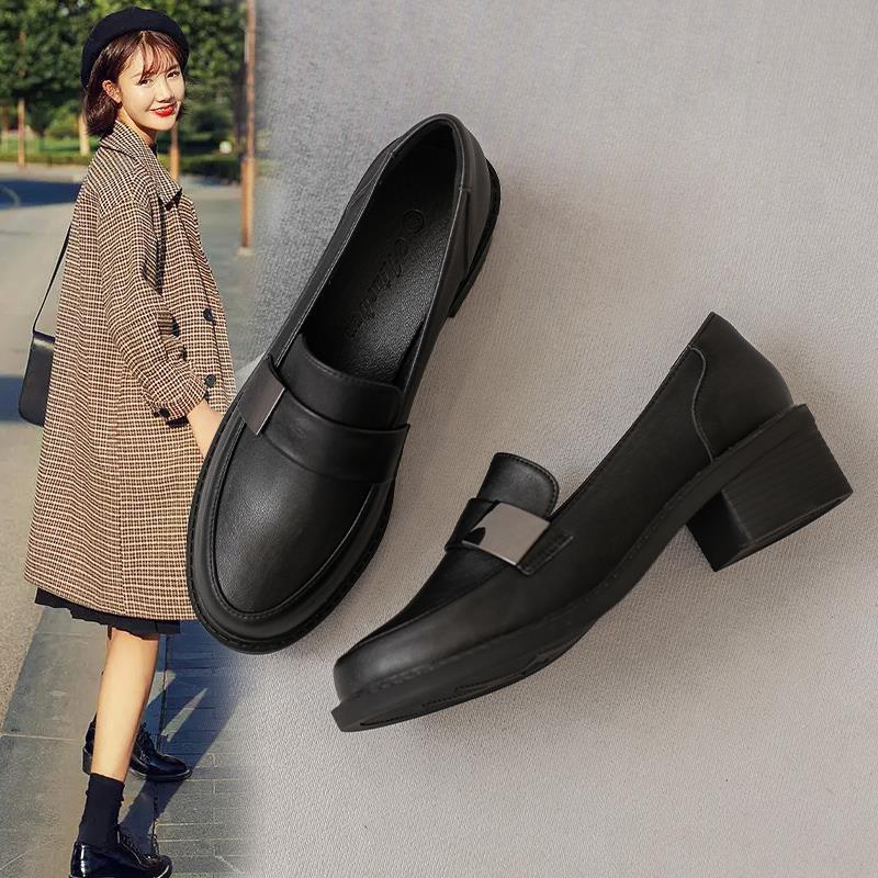 红蜻蜓牌真皮小皮鞋女2023年春季英伦风黑色豆豆软底高跟工作夏季