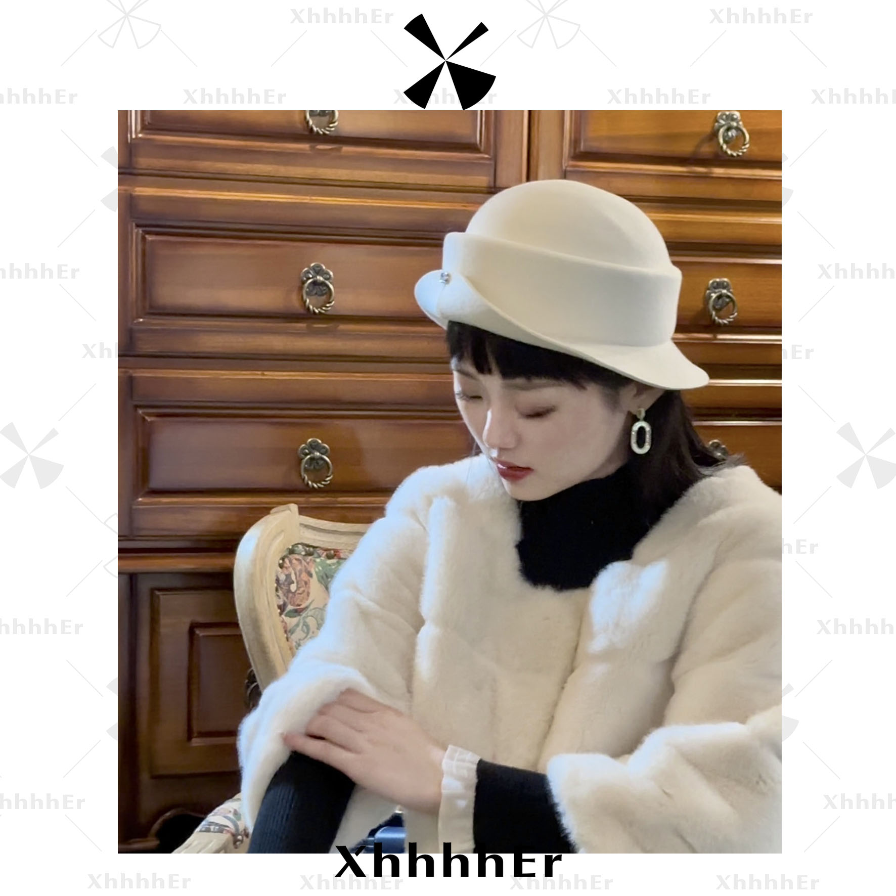 辛儿/小个子秋冬小众圆顶保暖优雅白色时尚法式小洋礼帽XZM1101