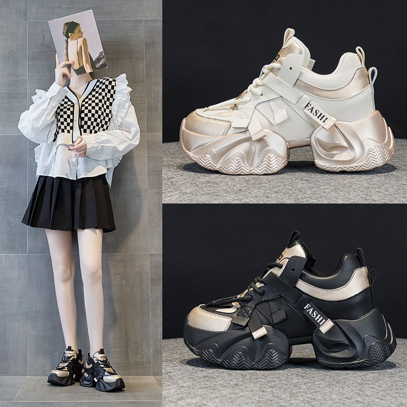 红蜻蜓牌头层牛皮网红爆款女鞋2023年秋冬新款松糕厚底内增高运动