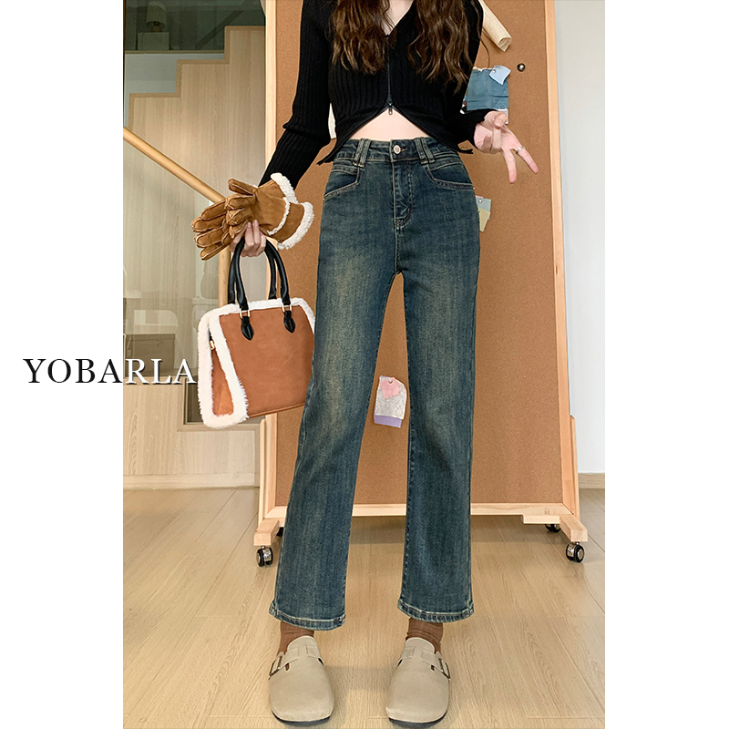 怀旧蓝牛仔裤女直筒高腰大码秋冬胖mm宽松显瘦小个子九分烟管裤子