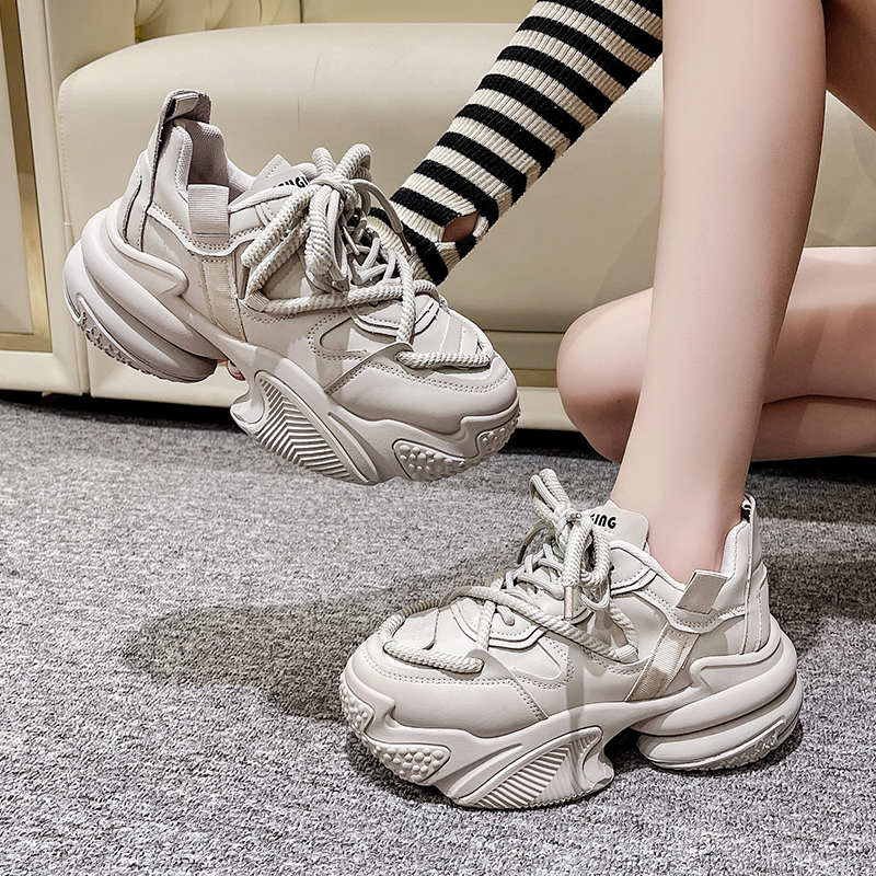 网红小众时尚休闲老爹鞋女2023年韩版新款厚底增高纯色浅口女鞋潮