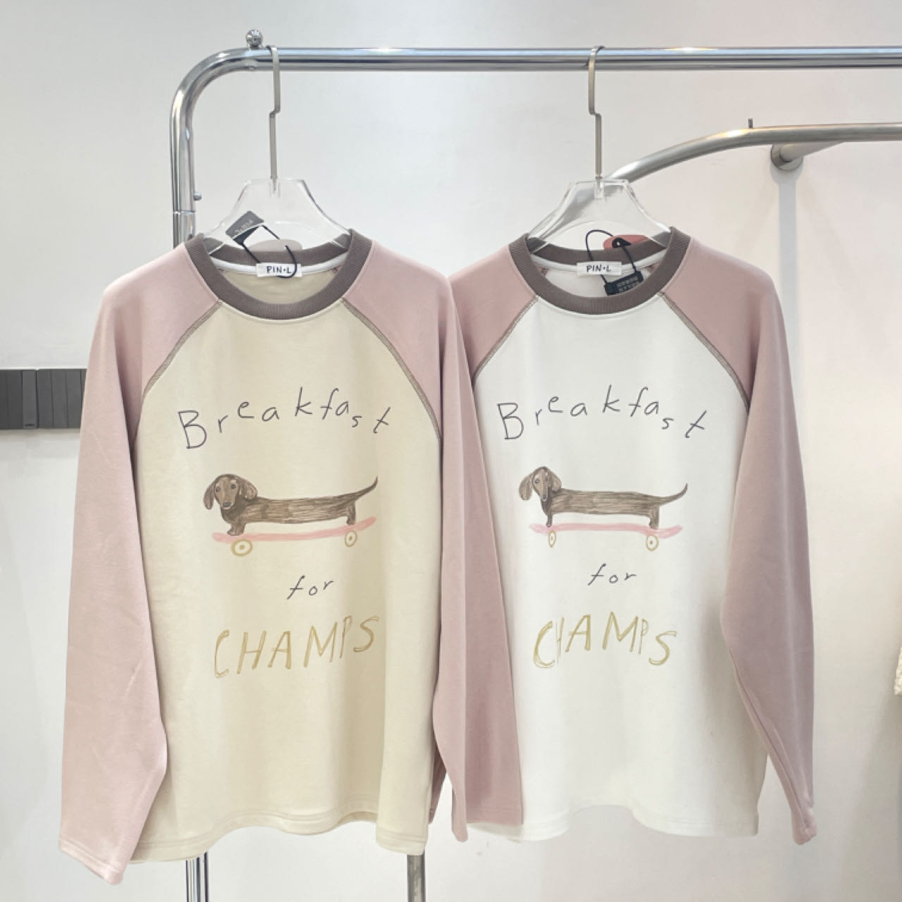 2023秋冬款滑板小狗字母拼色插肩圆领打底衫 休闲减龄百搭T恤