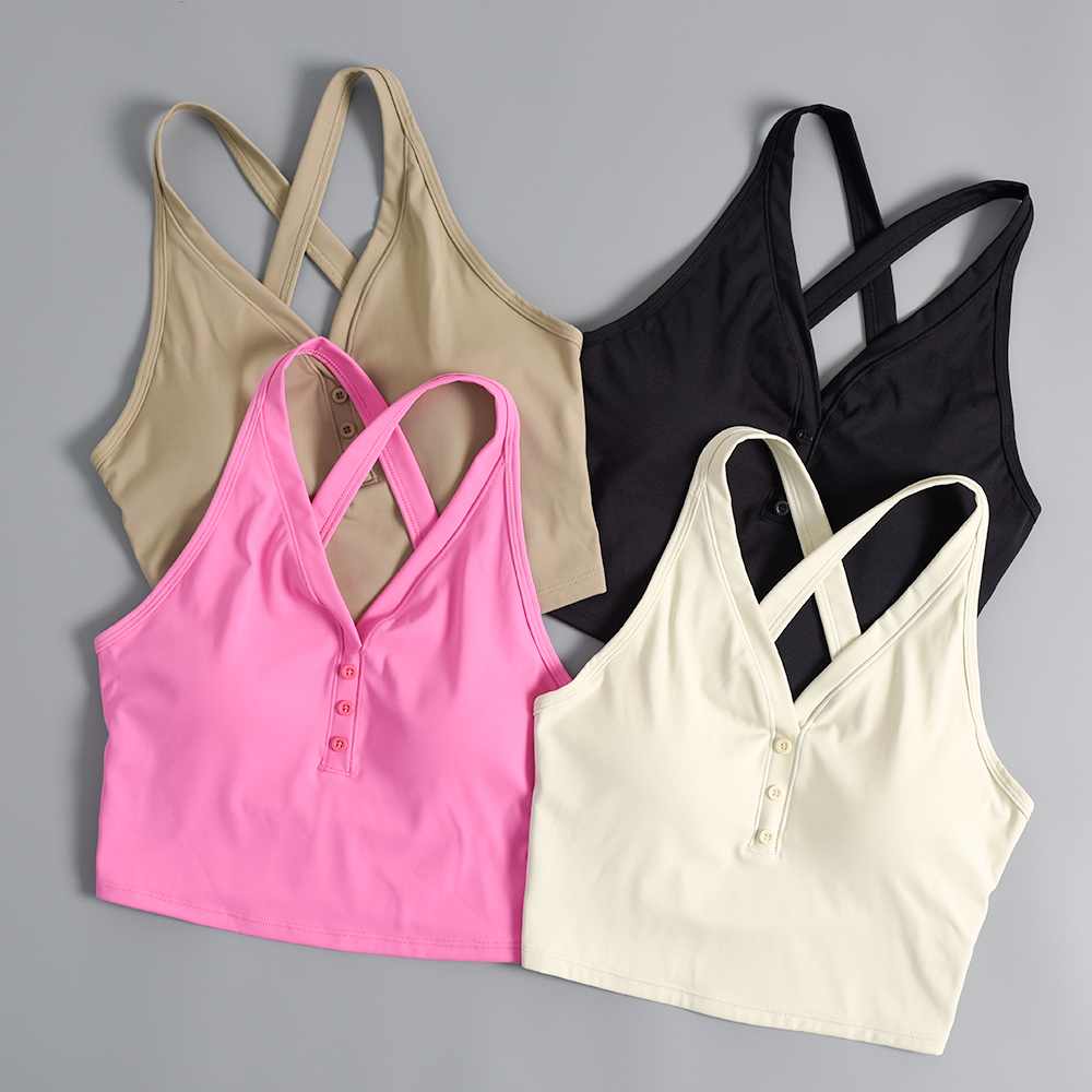 裸感V领纽扣交叉美背运动内衣晨跑步背心式文胸瑜伽上衣健身套装