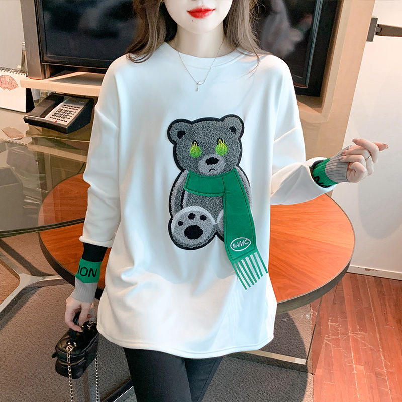 2023秋冬新款加绒加厚韩版宽松圆领长袖T恤上衣女百搭洋气