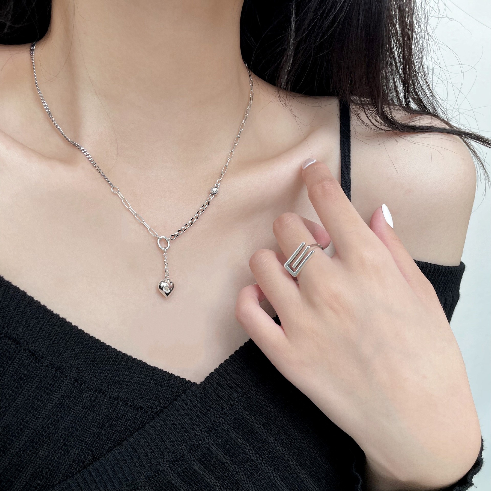 坠链均925银 纯银爱心吊坠不对称项链女N27