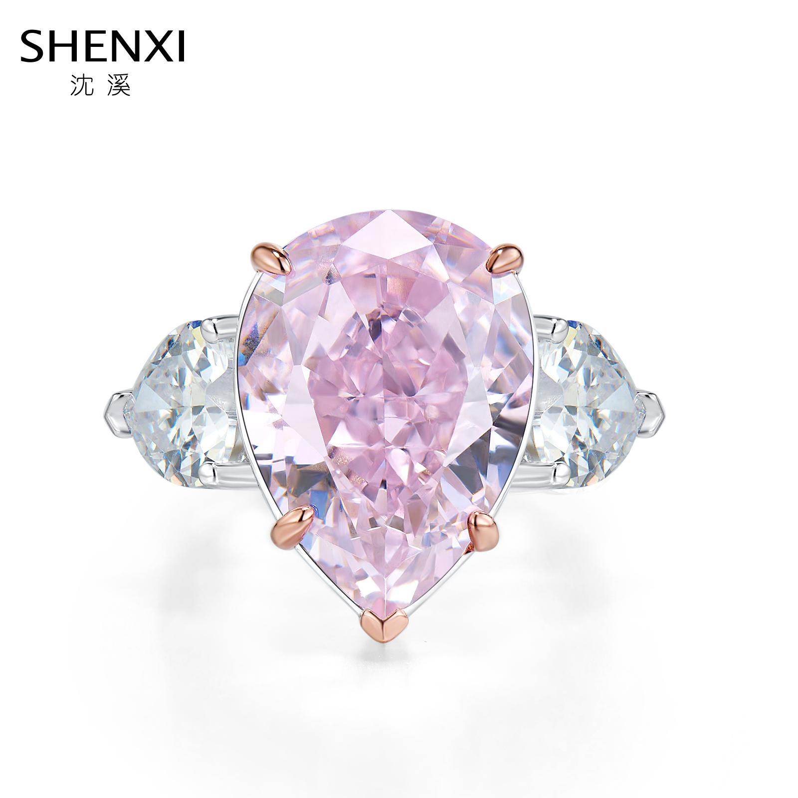 925银合成锆石戒指 日常浪漫少女高碳钻樱花粉冰花切银戒