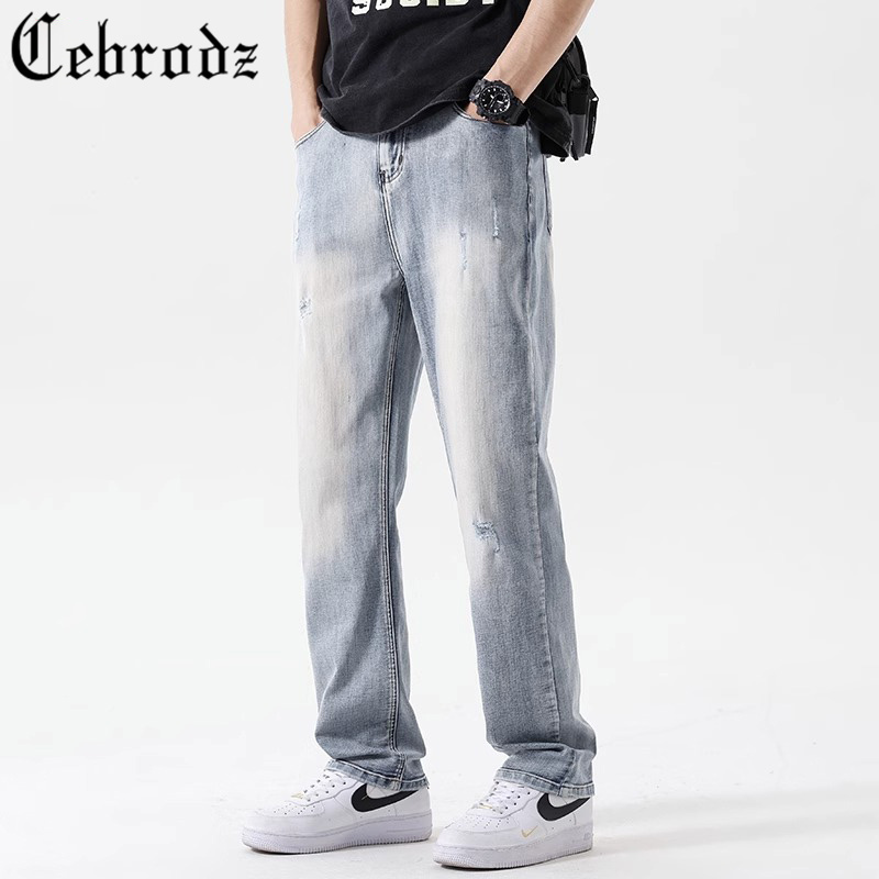 Cebrodz牛仔裤男士夏季薄款宽松潮牌直筒裤男美式高街水洗休闲裤