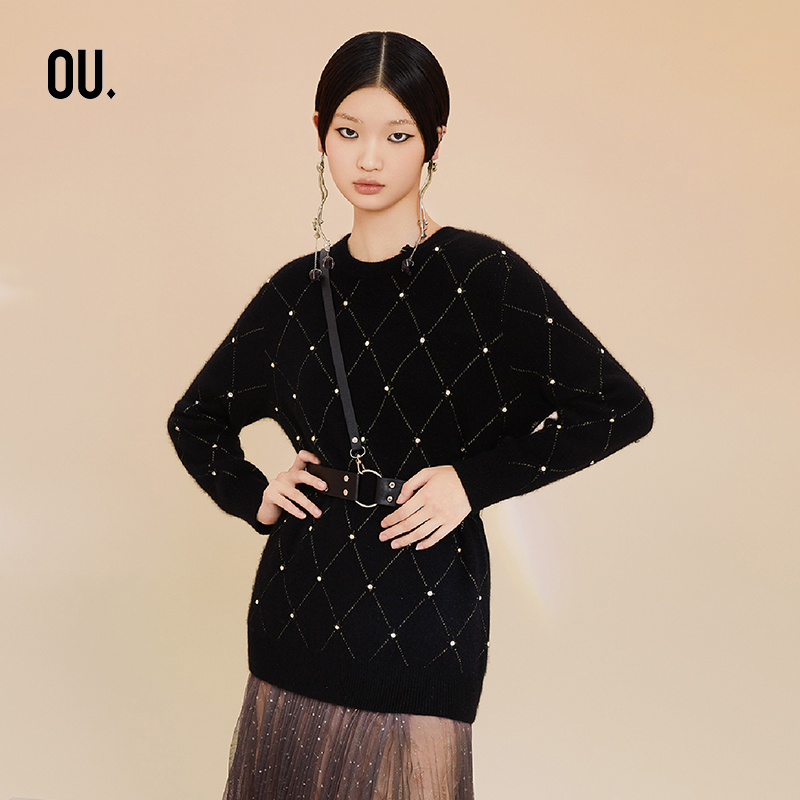 【商场同款】OU./欧点秋冬款时尚钉珠格纹毛针套头衫  1042140355