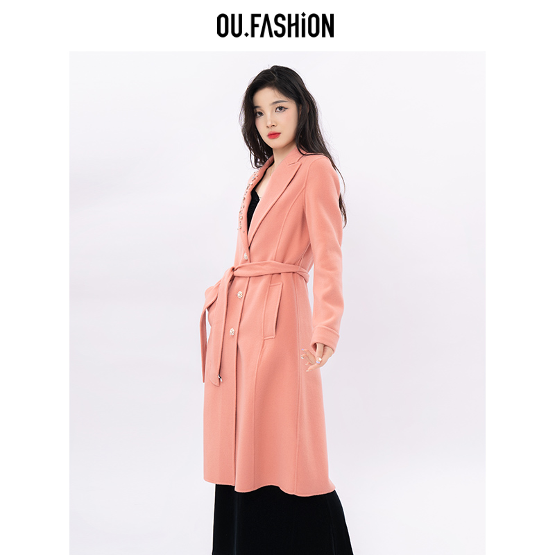 【宝姐专享】OU./欧点优雅复古修身双面呢中长款外套6082330103