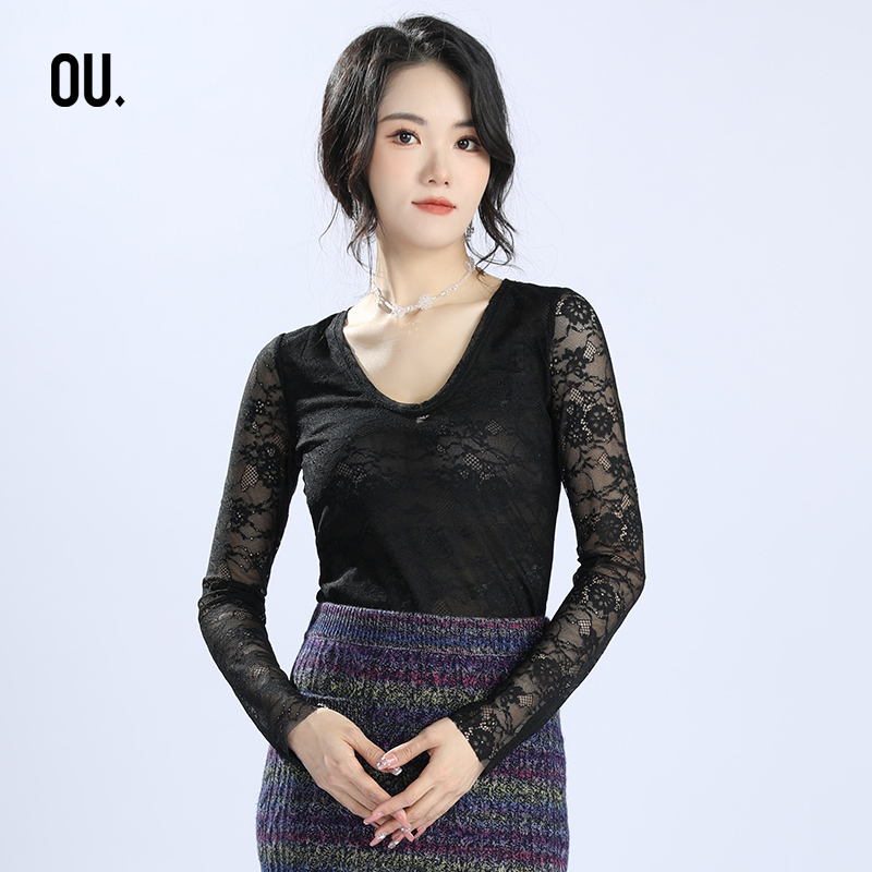 OU./欧点长袖上衣时尚百搭1213123046蕾丝打底黑色秋冬保暖显瘦