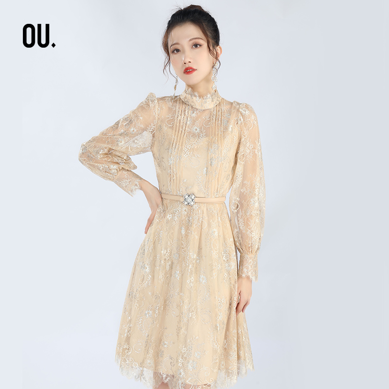 OU.FASHION/欧点法式重工蕾丝优雅气质连衣裙6122230402复古绣花