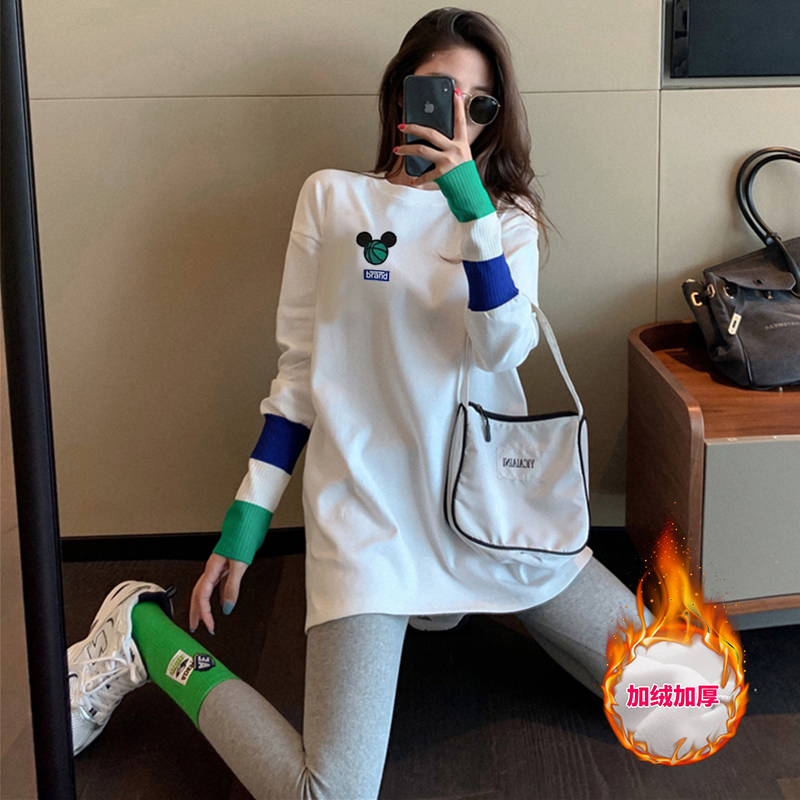 蓝绿色拼接长袖纯棉T恤女宽松中长款秋冬内搭打底衫圆领印花上衣