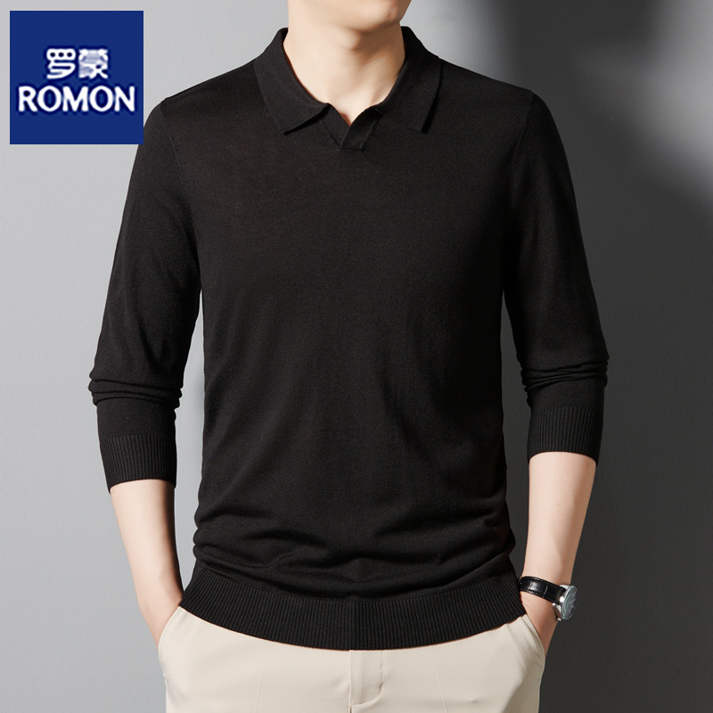 Romon/罗蒙羊毛衫男春秋款针织衫翻领薄款毛衣长袖t恤线衣打底衫