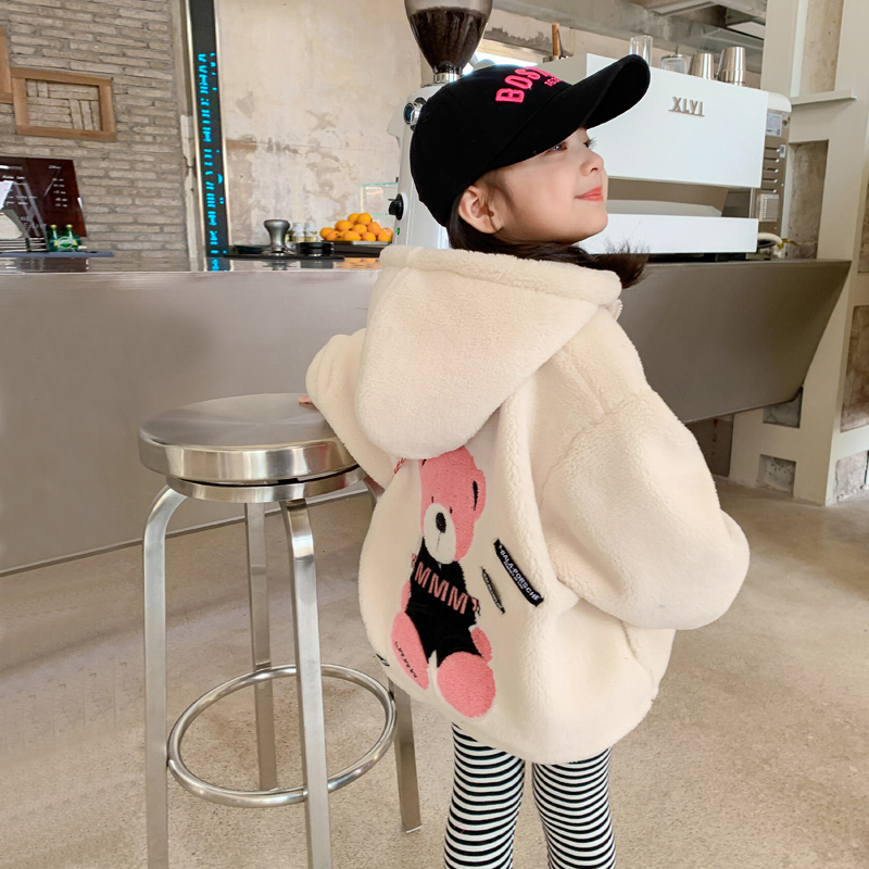 儿童秋冬上衣女童拉链连帽外套加绒中大童2023新款女宝毛毛绒衣潮