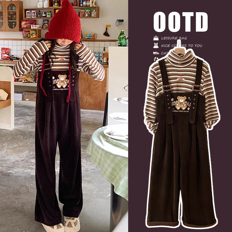 新品2023秋冬新款加厚小熊刺绣韩版孕妇休闲背带直筒裤套装