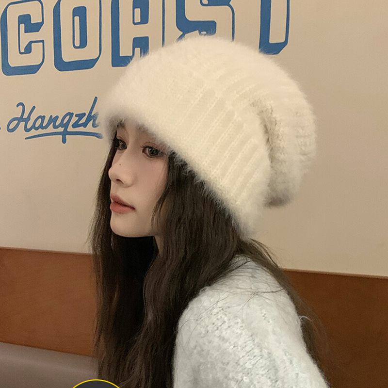 兔毛大头贝雷帽围针织帽子女冬季宽松毛线帽显脸小保暖毛绒堆堆帽