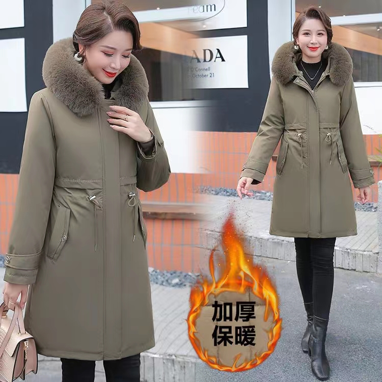 加厚妈妈冬装棉衣女加绒派克服大码外衣长款外套中老年可脱卸内胆