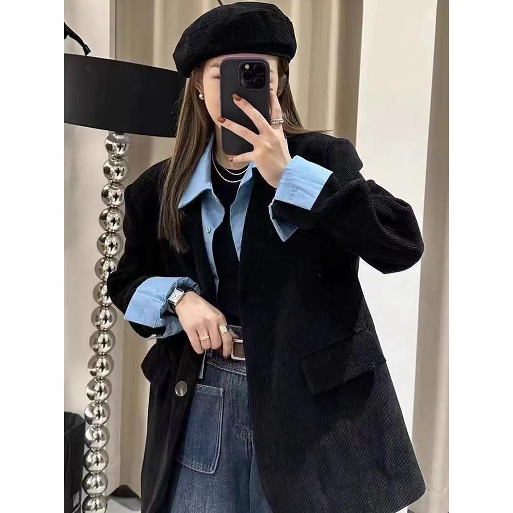 【加厚】欧货洋气2023秋冬新款设计感假两件芯绒小西装加棉上衣外