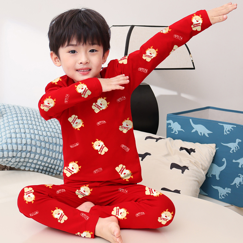 红色男童秋衣秋裤秋冬季儿童秋衣套装纯棉内衣宝宝睡衣新款家居服