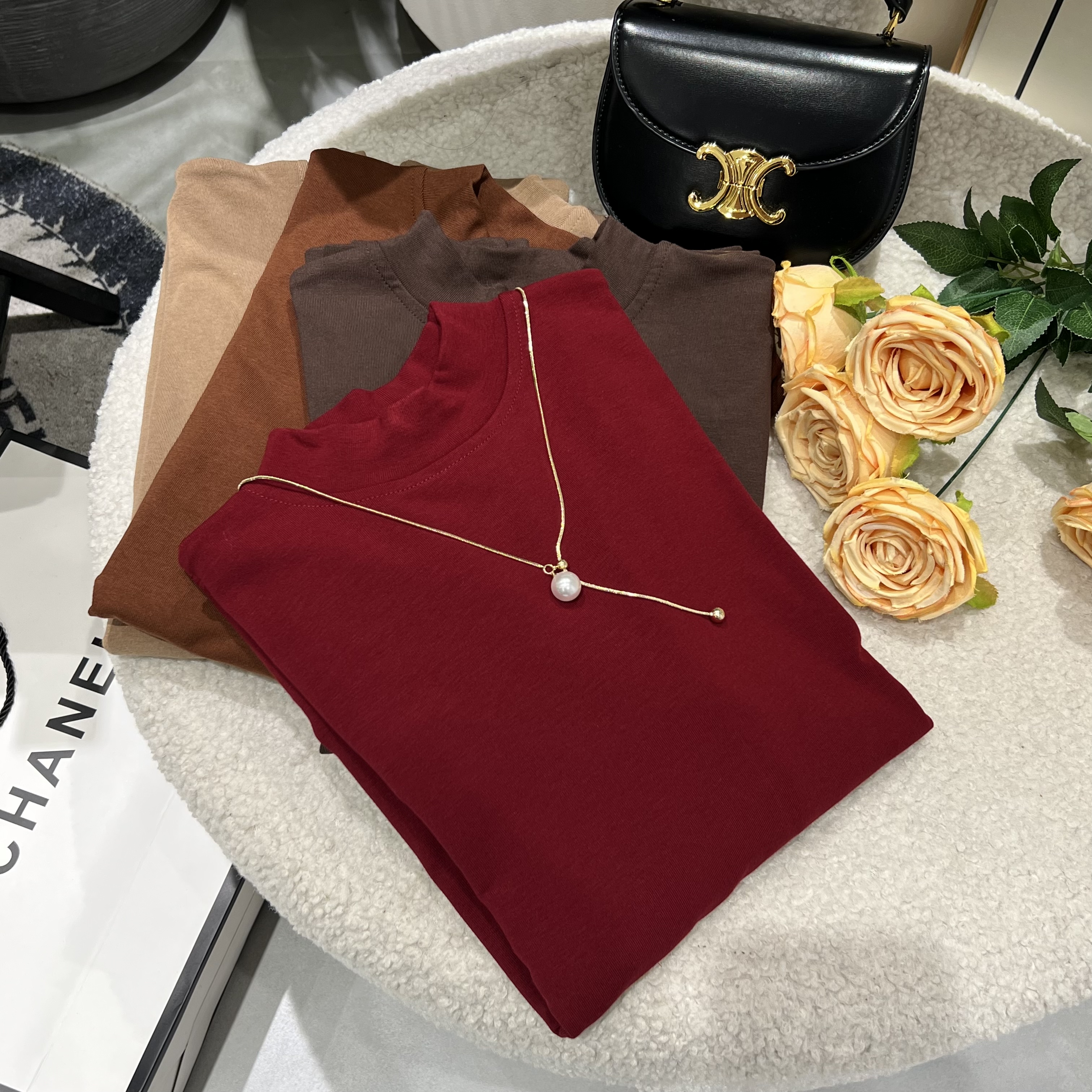 姿风格-秋冬新款坑条磨毛内搭圆领时尚休闲百搭纯色长袖T恤 32303