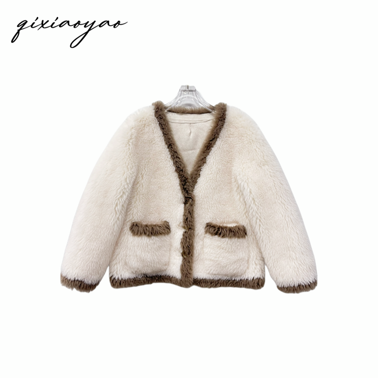 【雪顶咖啡】V领学院风撞色线条保暖羊毛外套#QSXHR96773