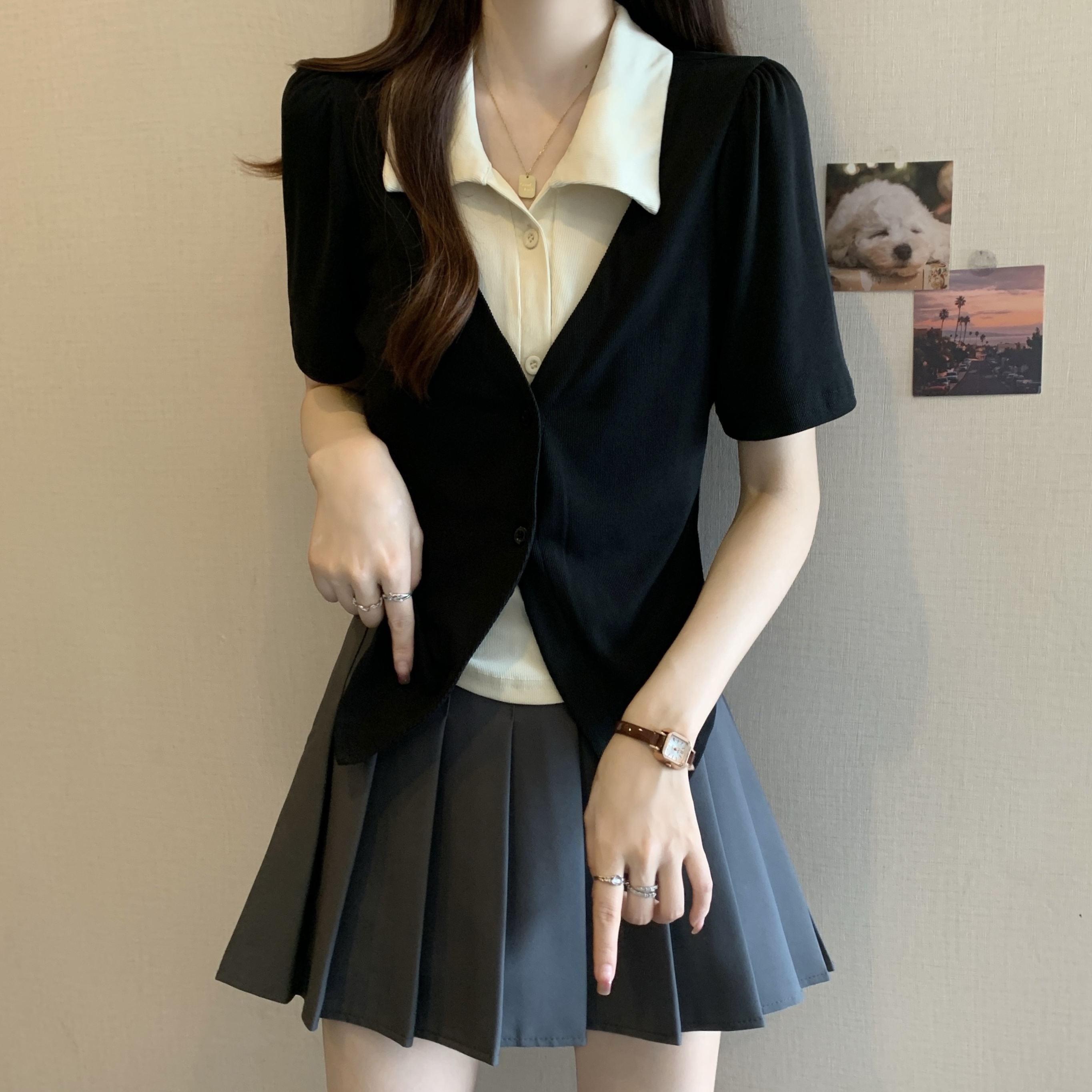 大码女装polo领假两件短袖T恤女夏季胖MM不规则显瘦正肩短款上衣