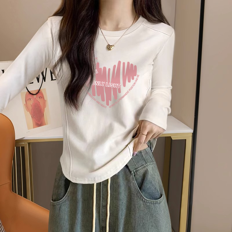 长袖t恤女秋冬新款德绒印花打底衫设计感小众收腰短款鱼骨上衣潮