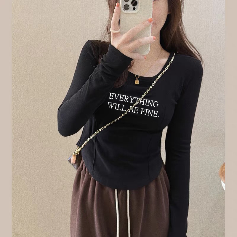 正肩短款德绒印花紧身方领打底衫女内搭秋冬小个子长袖T恤女上衣