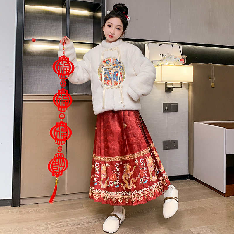 网红女童马面裙套装秋冬季2023新款国风改良汉服裙中大童冬装唐装