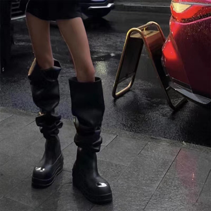 工厂现货时装靴女23欧美辣妹超长堆堆靴松糕厚底褶皱显瘦过膝长靴