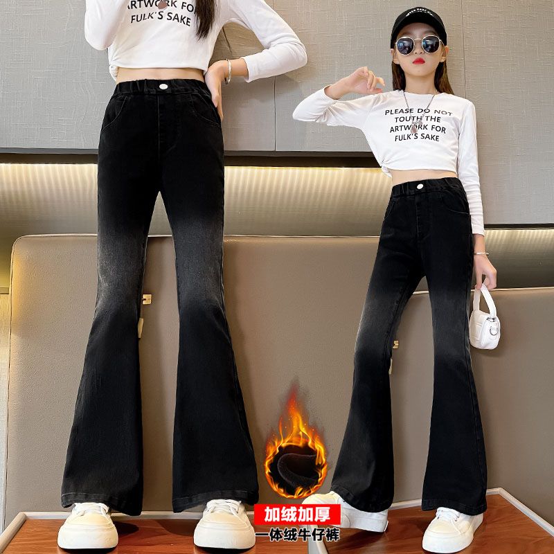 女童加绒裤子秋冬装外穿洋气百搭女孩冬季一体绒牛仔裤儿童喇叭裤