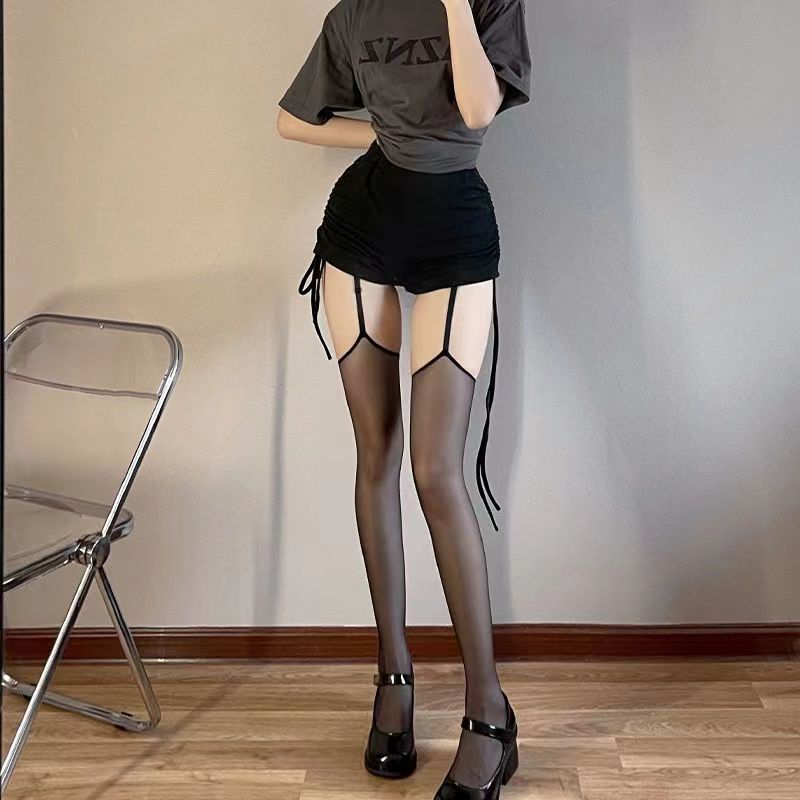 2058辣妹纯欲吊带黑红色丝袜女撞色长筒超薄显瘦夏白色夏季黑色