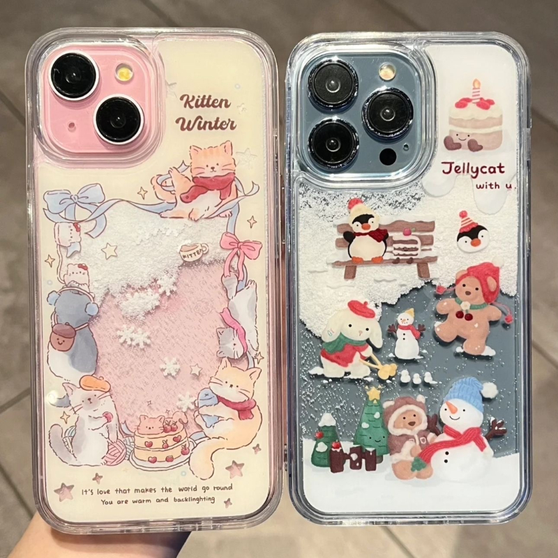 可爱卡通圣诞雪人猫咪流沙壳苹果iPhone15/14promax软13/12手机壳