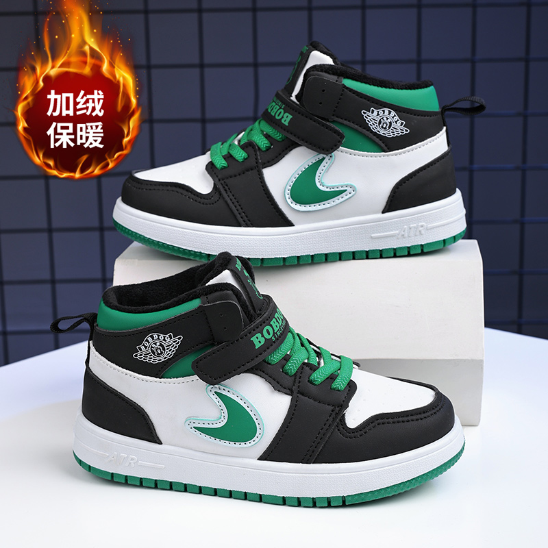 巴布豆男童鞋子2023秋冬季新款皮面板鞋加绒保暖二棉鞋儿童运动鞋